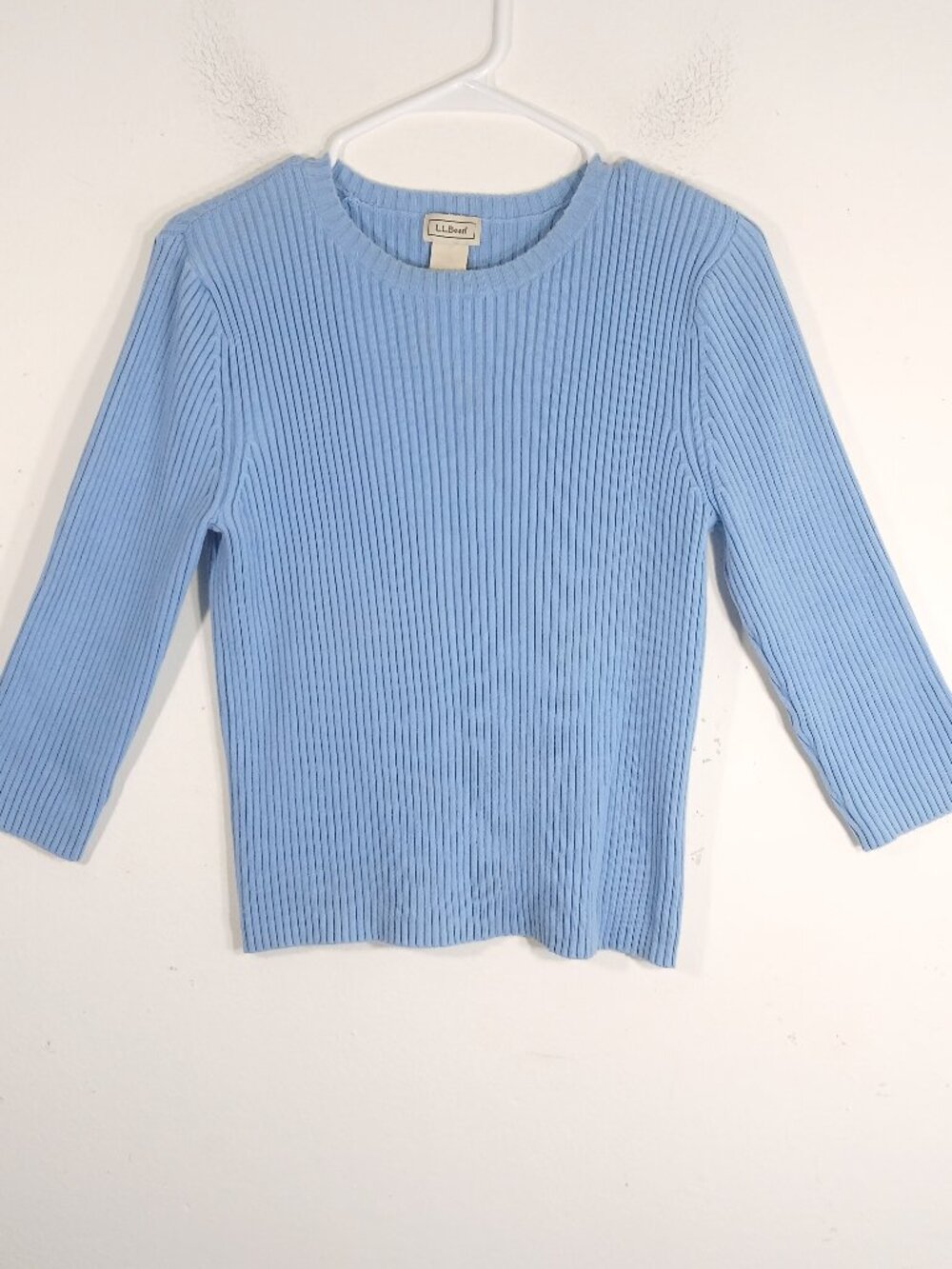 L.L.Bean Women's S Blue Ribbed Cotton Sweater 3/4 Sleeve Crewneck